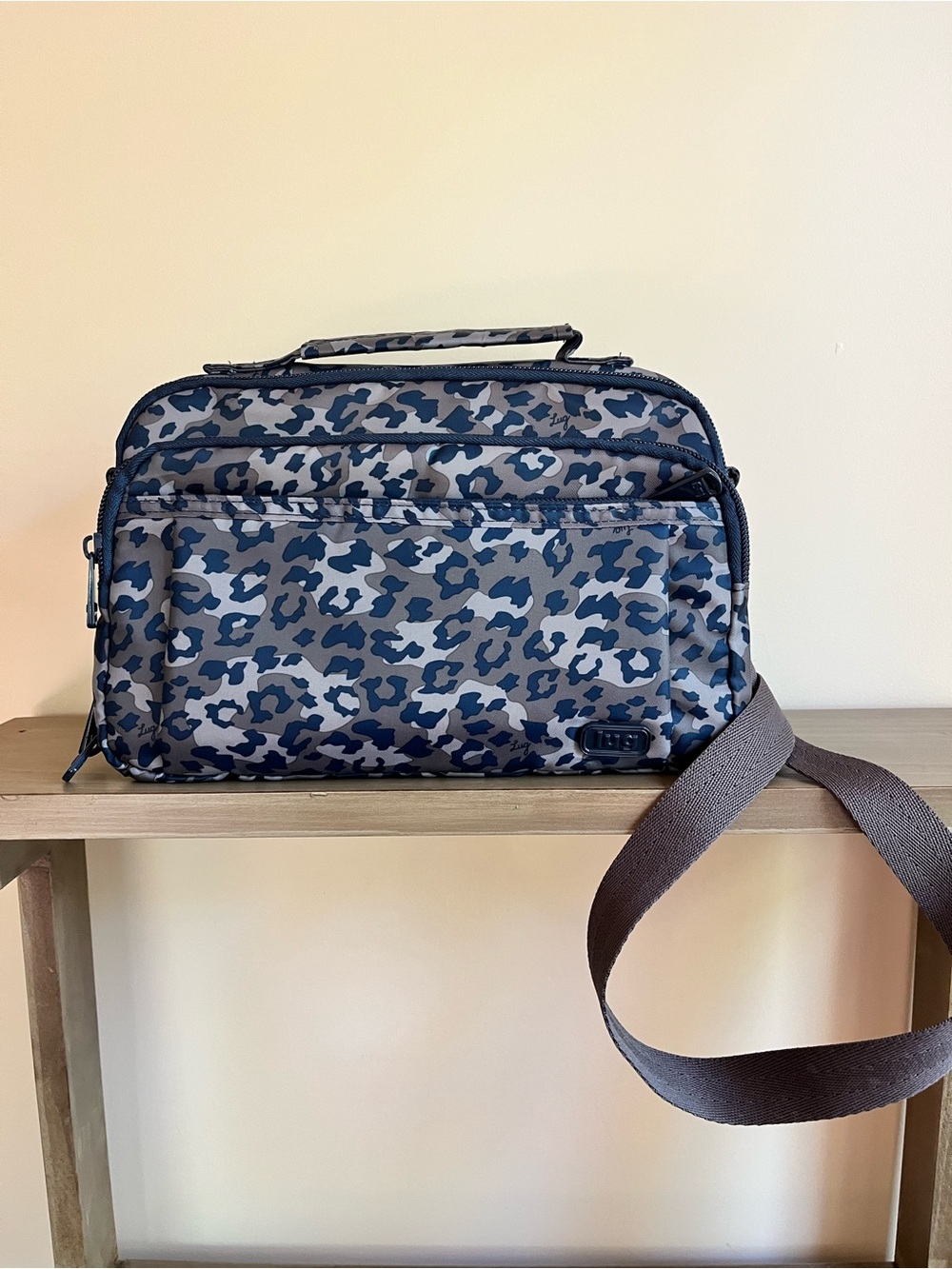 lug Scoop Leopard Camo Crossbody Bag in Blue and Gray